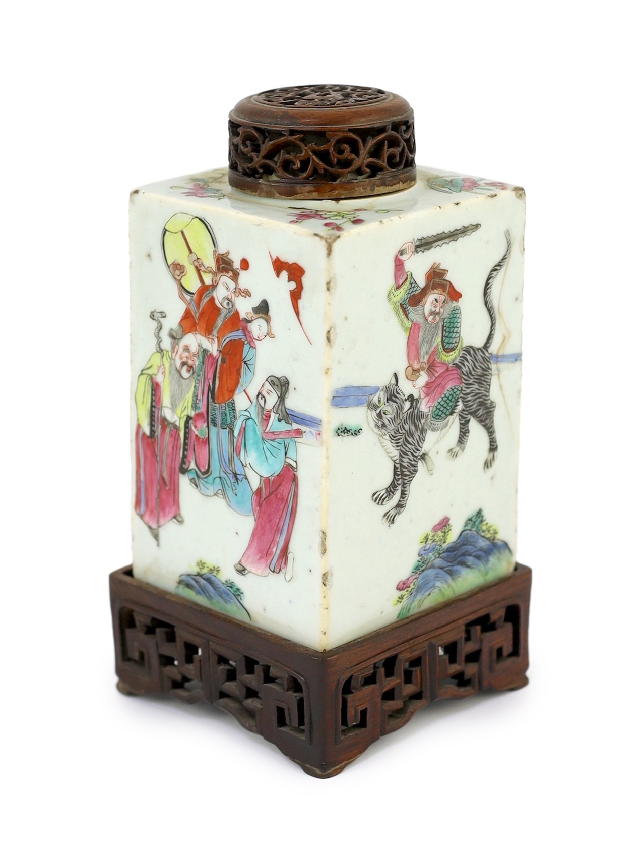 A Chinese famille rose square tea caddy, mid 19th century, 13.7cm high excluding wood stand and cover, slight damage